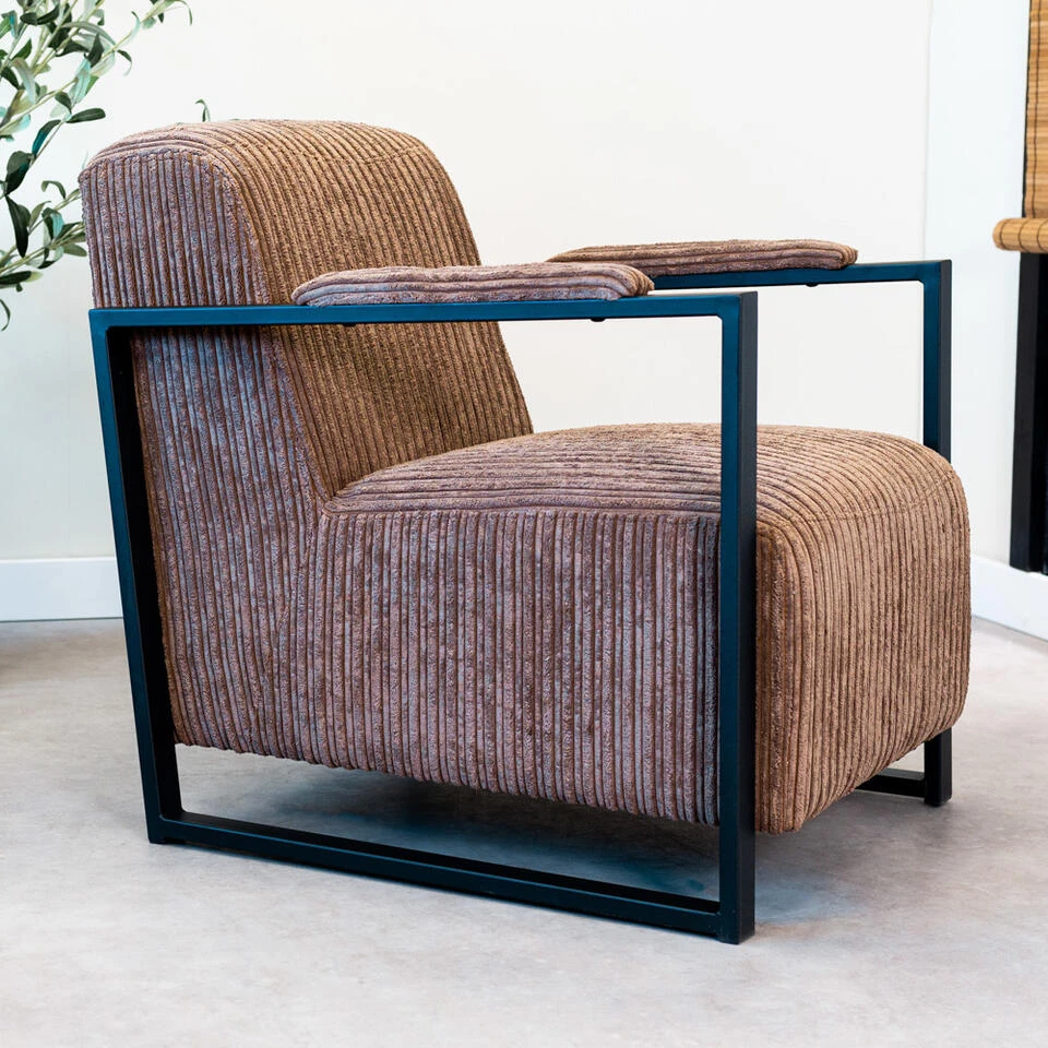 Moderne Fauteuil Madeline Ribstof Bruin - Stof - Grijs 4 Moderne Fauteuil Madeline Ribstof Bruin - Stof - Grijs - Afbeelding 2