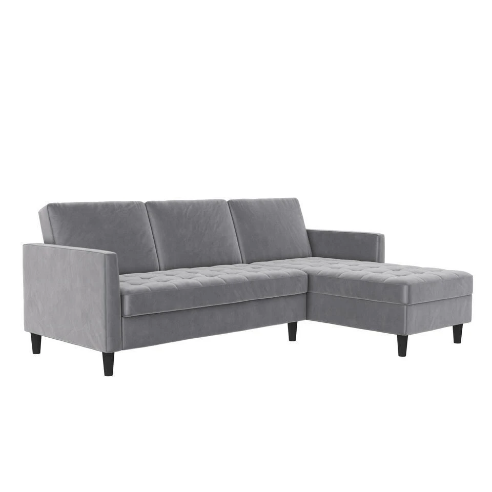 Presley - 3-zits Hoekslaapbank Met Opbergruimte In Grijs Fluweel 3 Presley - 3-zits Hoekslaapbank Met Opbergruimte In Grijs Fluweel