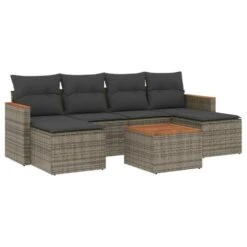 VidaXL 7-delige Loungeset Voor 6 Met Kussens & Krukken - Gris - Poly Rattan