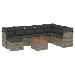 VidaXL Loungeset Met Kussens & Hout Salontafel - Grijs - Poly Rattan - 9 Stuks