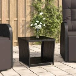 VidaXL - Salontafel Met Glazen Blad - Zwart - Poly Rattan - 45x45x40 Cm -Meubelwinkel 1e7bf591d9304be5b05df806edcc9ccc