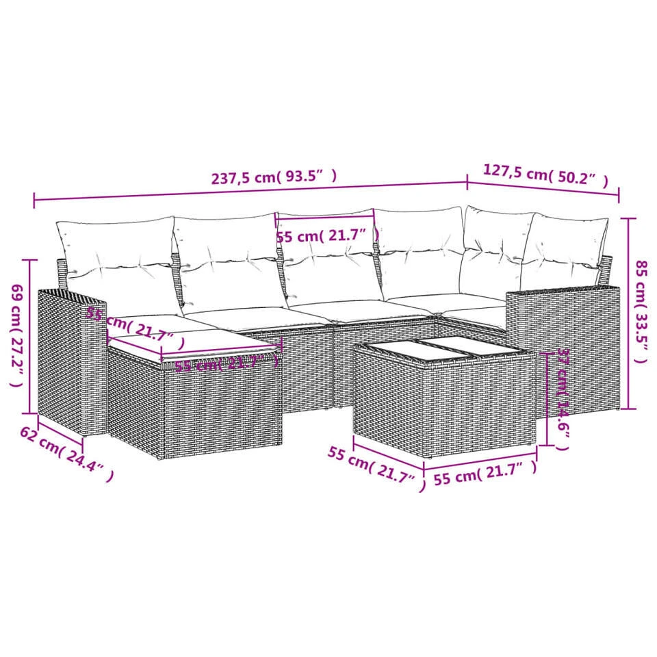 VidaXL 7-delige Loungeset Met 6 Kussens En Tuintafel - Grijs - Poly Rattan 5 VidaXL 7-delige Loungeset Met 6 Kussens En Tuintafel - Grijs - Poly Rattan - Afbeelding 3