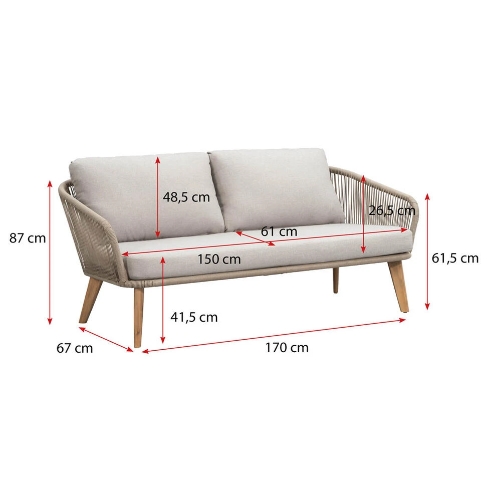 Loungebank Nant - Wicker/acacia Taupe - 87x170x67 Cm - Incl. Kussens 8 Loungebank Nant - Wicker/acacia Taupe - 87x170x67 Cm - Incl. Kussens - Afbeelding 6