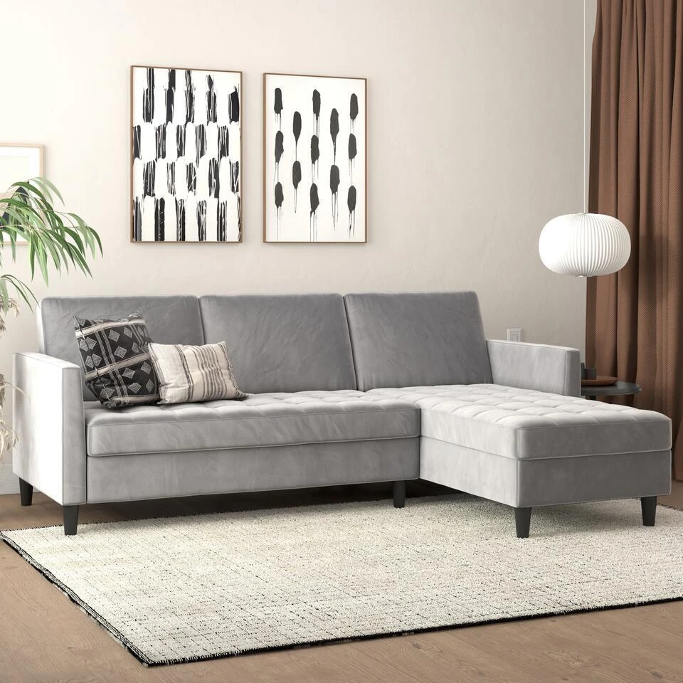Presley - 3-zits Hoekslaapbank Met Opbergruimte In Grijs Fluweel 4 Presley - 3-zits Hoekslaapbank Met Opbergruimte In Grijs Fluweel - Afbeelding 2