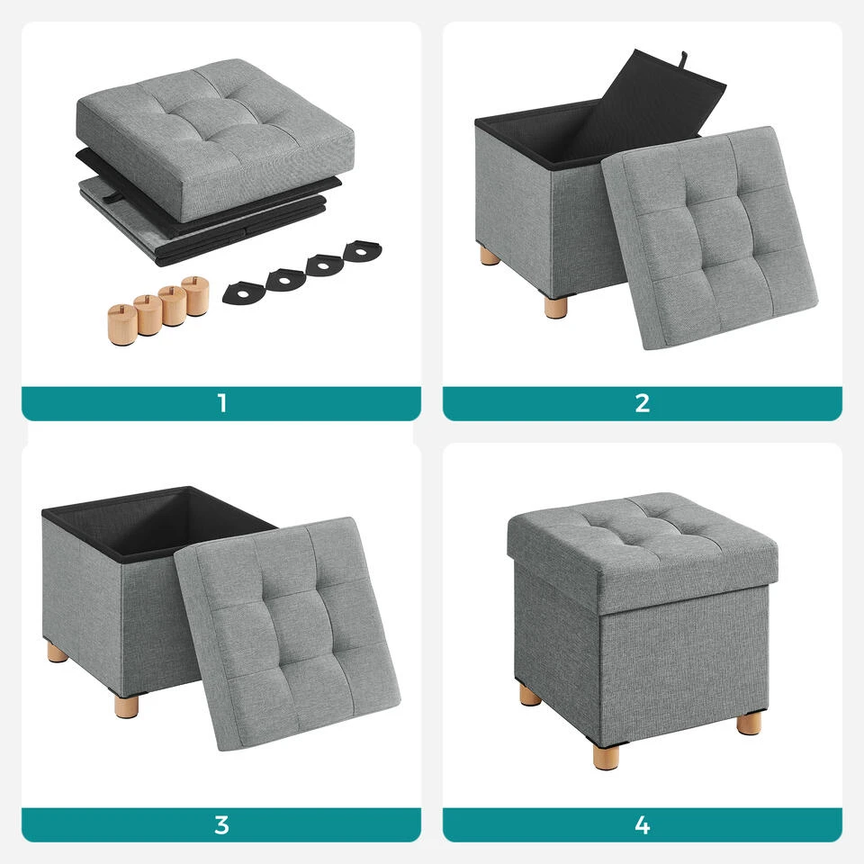 Poef - Opvouwbaar - Met Poten - Stof - 38 Cm - Lichtgrijs 8 Poef - Opvouwbaar - Met Poten - Stof - 38 Cm - Lichtgrijs - Afbeelding 6