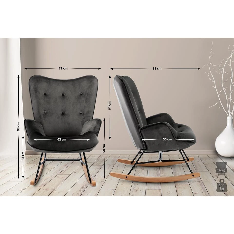 CLP Schommelstoel Sanka Fluweel - Donkergrijs 4 CLP Schommelstoel Sanka Fluweel - Donkergrijs - Afbeelding 2