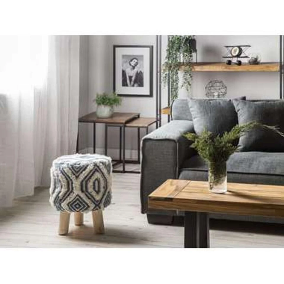 Beliani Hocker AGRA - Wit Wol, Katoen 5 Beliani Hocker AGRA - Wit Wol, Katoen - Afbeelding 3