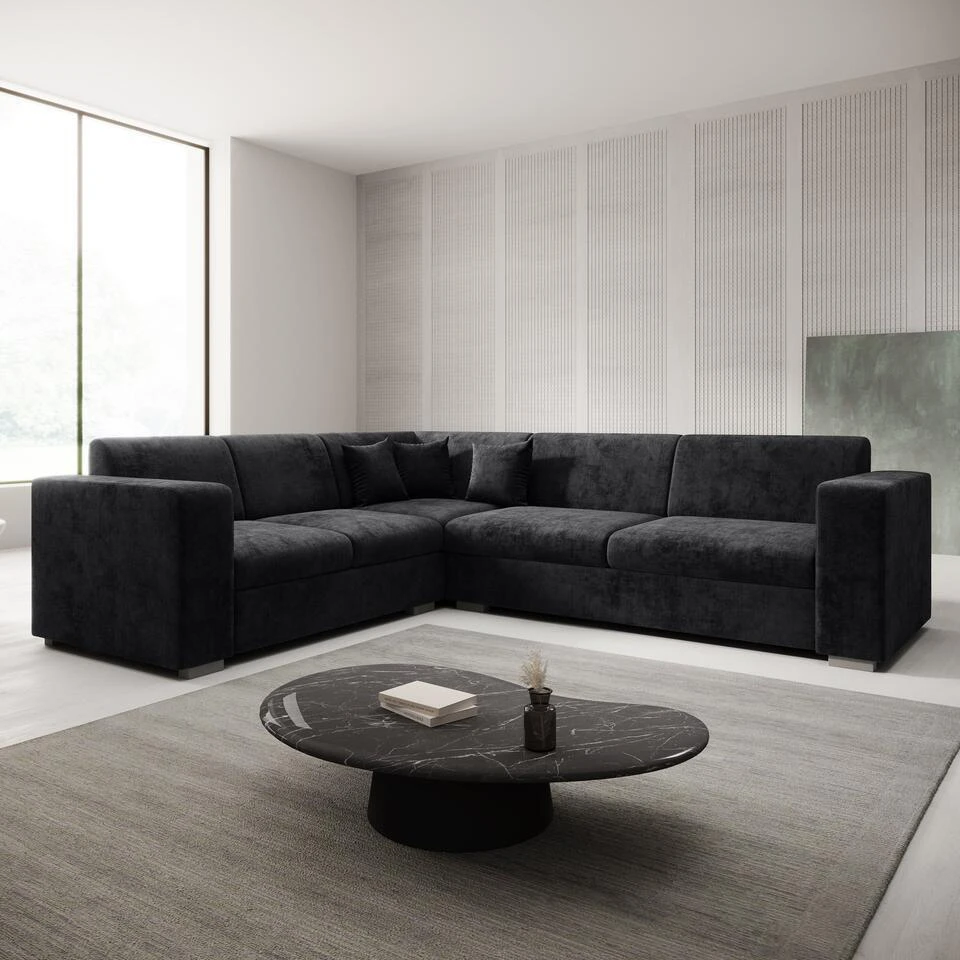 Meubella - Hoekbank Santana - Zwart - Velvet - Links 4 Meubella - Hoekbank Santana - Zwart - Velvet - Links - Afbeelding 2