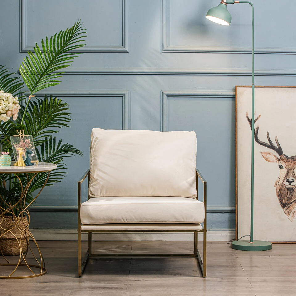 Retro Metalen Fauteuil Met Beige Fluweel 5 Retro Metalen Fauteuil Met Beige Fluweel - Afbeelding 3